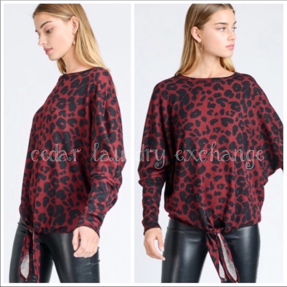 Soft Burgundy Leopard Tie Front Top
